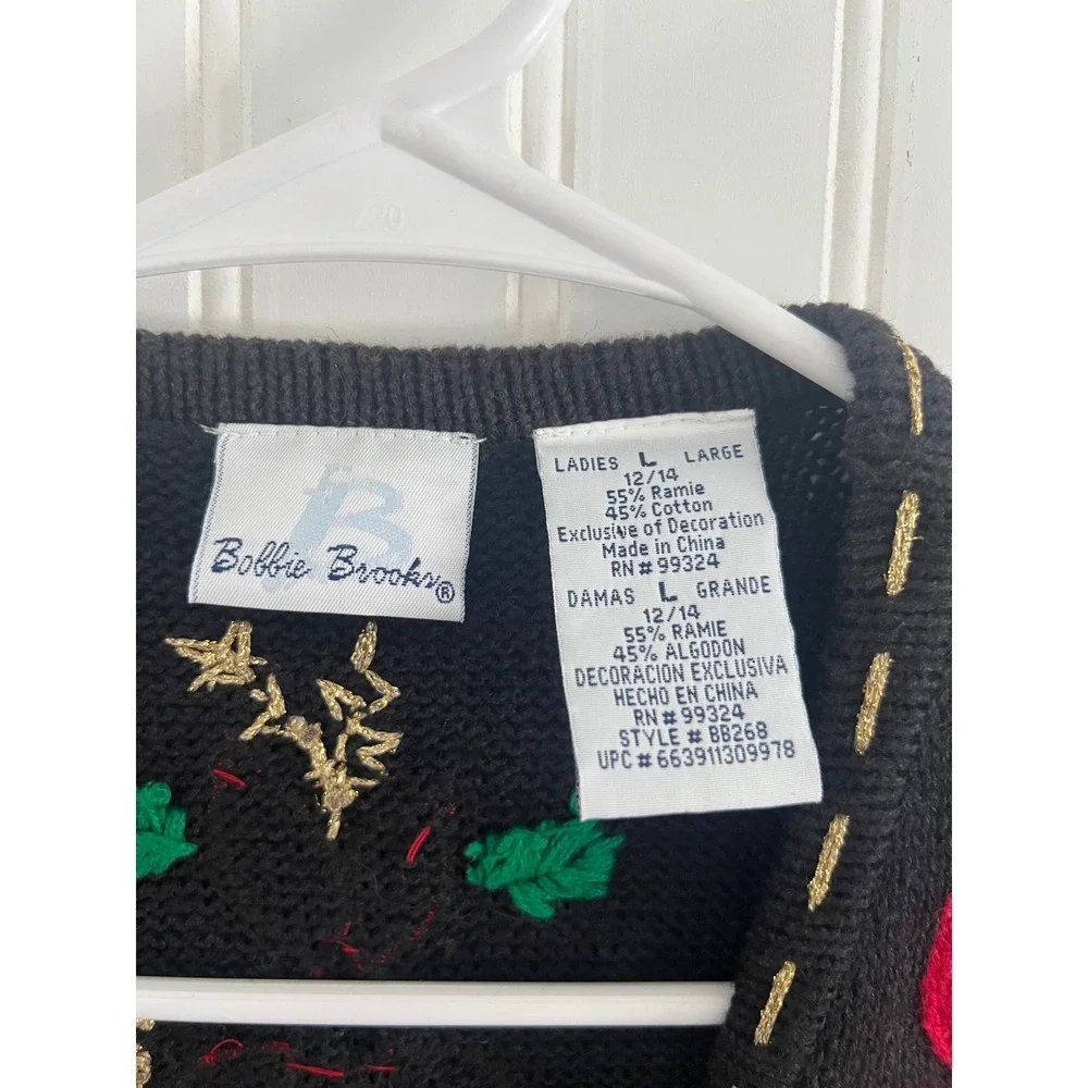 Bobbie Brooks Christmas Sweater Vest Large Black Poinsettia Beaded Holiday‎ - Picture 5 of 8